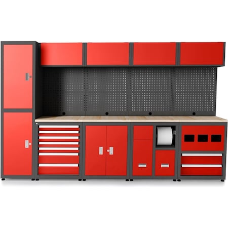 Chery Industrial Multifunctional Steel Garage Storage Cabinet W/ Doors, Sliding Drawers Red-5-Pieces JINWB108GRD01